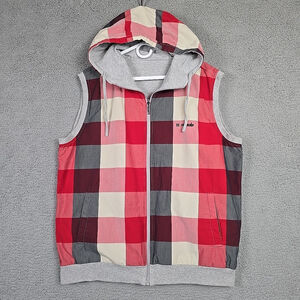 Rapido Full Zip Reversible Size L Sleeveless Red Plaid/Gray Logo Hooded Vest